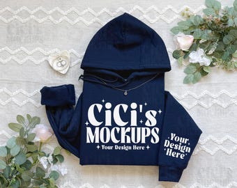 Gildan 18500 Navy Hoodie Mockup, Gildan Sleeve Mockup, Flat Lay Mockup, Folded Hoodie Mockup, Navy Hoodie Sleeve Mockup, G185 Navy Mockup