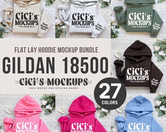 Pacote de mockup de moletom com capuz Gildan 18500, pacote de mockup de manga com capuz, mockup de layout plano, mockup de moletom com capuz dobrado, pacote de moletom com capuz, mockup de moletom com capuz Gildan