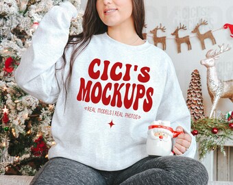 Mockup Gildan 18000 Ash-sweater, Christmas 18000-mockup, Gildan Ash-mockup, kerst Gildan-mockup, sweatermockup, mockup echte modellen