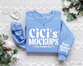 Gildan 18000 Carolina Blue Sweatshirt Mockup, Gildan Sleeve Mockup, Flat Lay Mockup, Folded Sweatshirt Mockup, Carolina Blue Crewneck Mockup