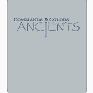 May include: A rectangular, light gray game board with rounded corners and a curved top and bottom. The text "COMMANDS & COLORS ANCIENTS" is printed in dark blue, with a sword graphic. The board has two small cutouts at the top and bottom.