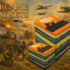May include: The image showcases stacks of colorful wargame tray sets with the text "WARGAME TRAY SETS" at the top. The sets have an orange top with the letters "ASL" and a silhouette. The background features military aircraft, tanks, and soldiers.