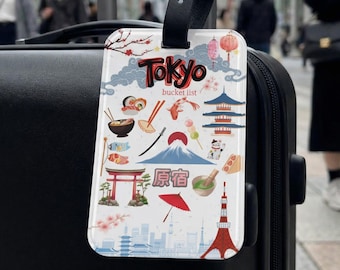 Etiqueta de equipaje con iconos de viaje de Tokio / Ilustración de un lugar emblemático japonés