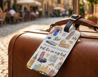 No he estado en todas partes, pero está en mi lista Etiqueta de equipaje / Collage de viaje