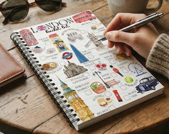 Cuaderno espiral con la lista de deseos de Londres / Iconos de viaje, Tower Bridge, Big Ben