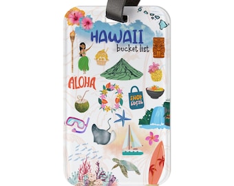 Etiqueta de equipaje con la lista de deseos de Hawái / Etiqueta de viaje con íconos tropicales de Aloha