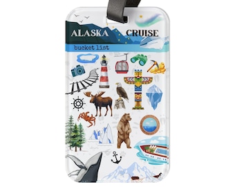 Etiqueta de equipaje para cruceros por Alaska: iconos de ballena, oso, tótem y alce