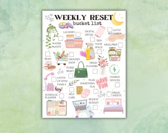 Lista de tareas de reinicio semanal ilustrada Seguimiento de objetivos semanales Lista de verificación divertida y sencilla