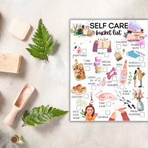 May include: A printable self-care bucket list with watercolor illustrations. The list includes activities like painting nails, reading, taking a nap, and listening to music.