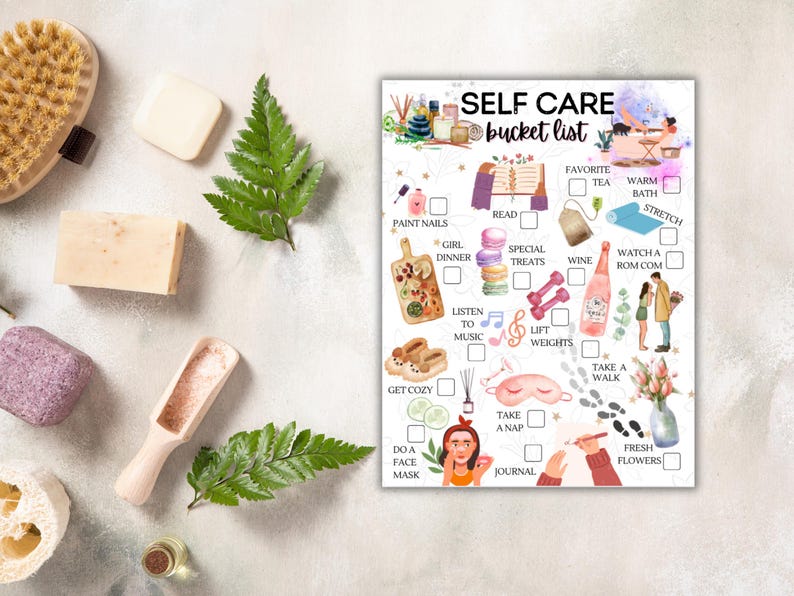 May include: A printable self-care bucket list with watercolor illustrations. The list includes activities like painting nails, reading, taking a nap, and listening to music.