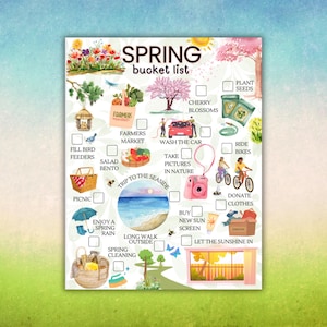 May include: A colorful checklist for spring activities.  The checklist includes items like planting seeds, washing the car, taking pictures in nature, and enjoying a spring rain.  The checklist is decorated with illustrations of flowers, a car, a camera, and a picnic basket.