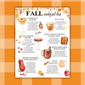 以下が含まれることがあります： 「FALL cocktail list」と題された水彩スタイルのカクテルリスト。パンプキンパイマティーニ、ホットトディ、チャイエスプレッソマティーニ、バニラメープルシナモンウイスキーサワー、ファイアサイドクランベリーサイダーマルガリータ、スパイシーアップルサイダーモスコミュール、スパイシーアップルフィズのレシピが掲載。