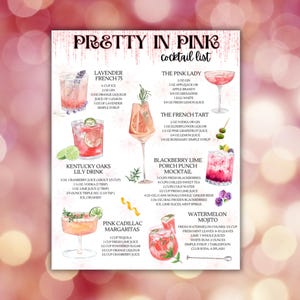 Può includere: Un elenco di cocktail stampabile con illustrazioni ad acquerello di bevande rosa. L'elenco include ricette per Lavender French 75, The Pink Lady, The French Tart, Kentucky Oaks Lily Drink, Blackberry Lime Porch Punch Mocktail, Pink Cadillac Margaritas e Watermelon Mojito.