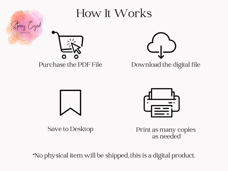 May include: A diagram showing the steps to download a digital product. The steps are: purchase the PDF file, download the digital file, save to desktop, and print as many copies as needed. The text "No physical item will be shipped, this is a digital product." is at the bottom of the image.