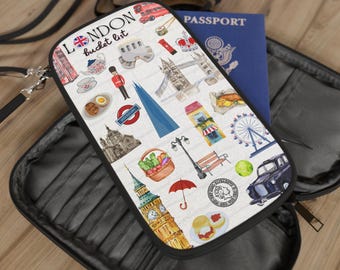 Cartera para pasaporte con la lista de deseos de Londres / Iconos de viaje del Reino Unido, Big Ben, autobús de dos pisos, Tower Bridge