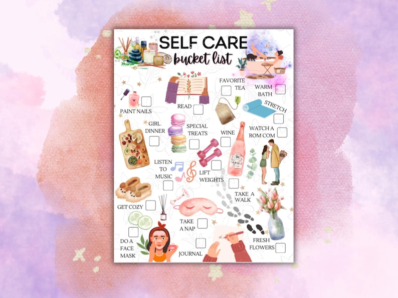 May include: A printable self-care bucket list with illustrations of various activities, including reading, taking a warm bath, watching a rom-com, and getting cozy. The list is designed to help people prioritize their well-being and engage in activities that promote relaxation and self-care.