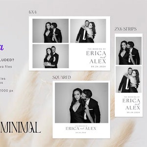 May include: Black and white photo booth templates for a wedding. The templates include a 6x4 layout, a square layout, and two 2x6 strips. The text on the templates reads "The Wedding of Erica and Alex".