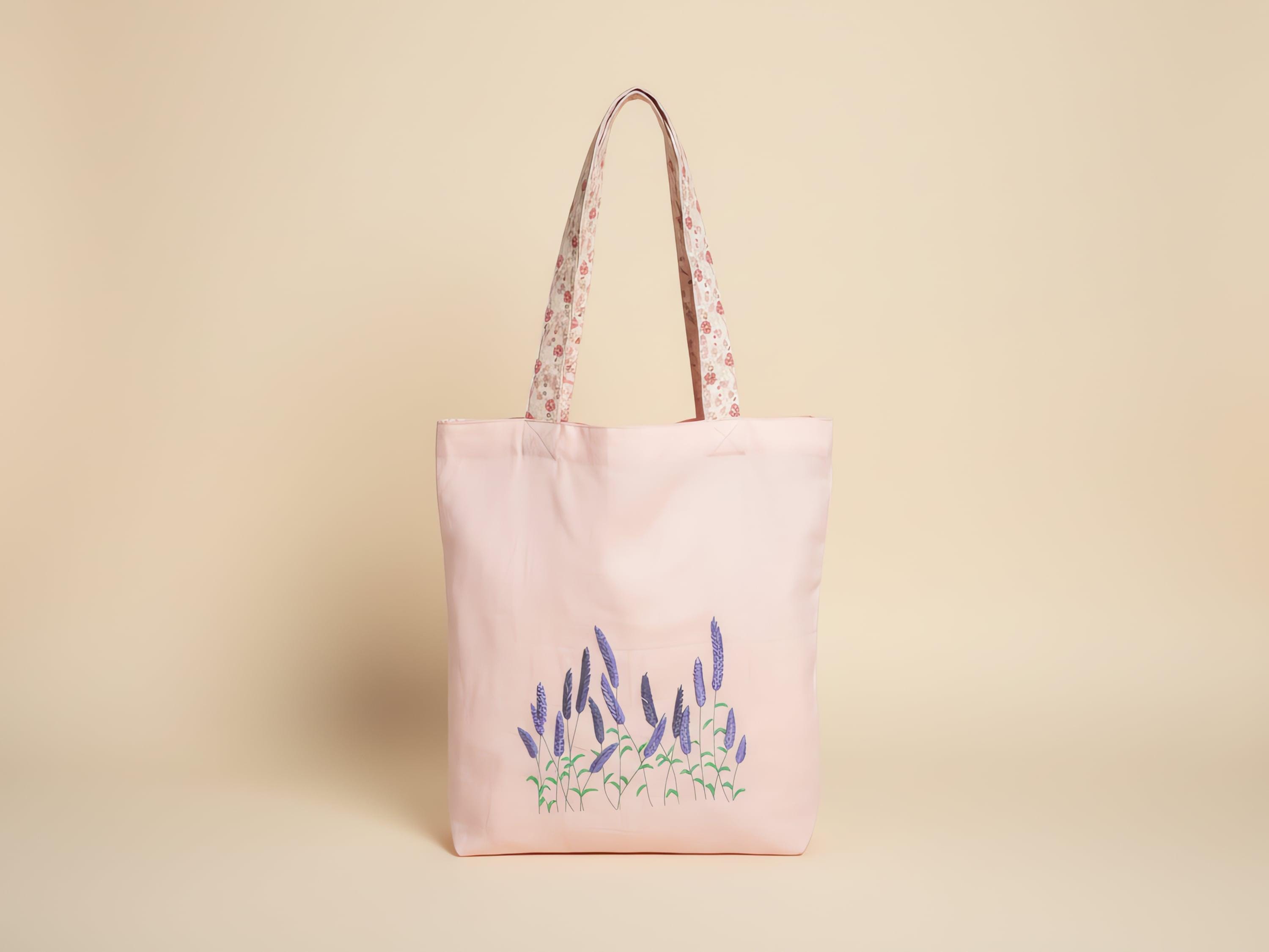 Pink Hand Embroidered Lavender Tote Bag - Custom Canvas Shopper