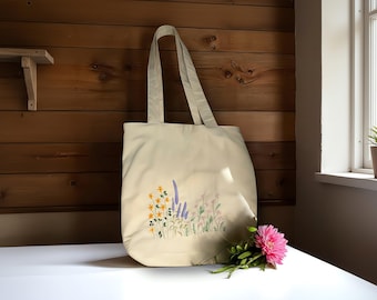 Personalized Flower Lover Tote Bag, Golden Wildflower Embroidered Gift, Botanical Bag