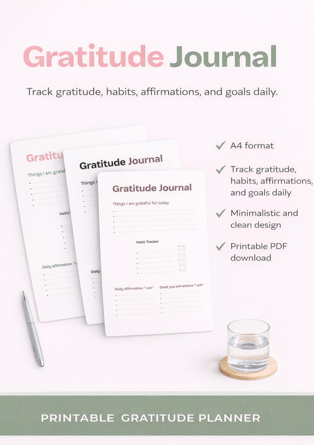 Gratitude Journal Printable PDF | Daily Gratitude Log | Habit Tracker ...