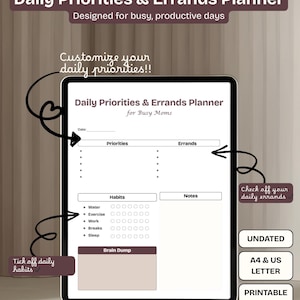May include: A digital planner titled "Daily Priorities & Errands Planner" for busy days. The planner includes sections for priorities, errands, habits, and notes. Features include undated pages, A4 & US Letter sizes, printable PDF, and 3 soft color themes.