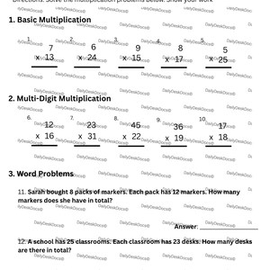 Op de afbeelding: Een zwart-wit werkblad voor vermenigvuldigingsoefeningen met problemen voor basis- en meercijferige vermenigvuldiging en woordproblemen. Het werkblad bevat ruimte voor leerlingen om hun werk te laten zien en antwoorden te schrijven.