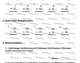 May include: A black and white multiplication practice worksheet with problems for basic and multi-digit multiplication, and word problems. The worksheet includes space for students to show their work and write their answers.