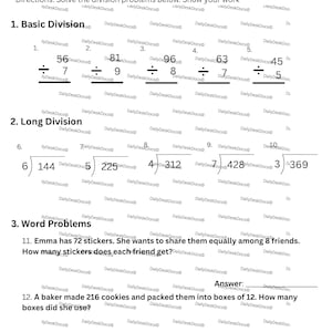 Op de afbeelding: Divisie oefenwerkblad met basis- en lange delingsproblemen, inclusief woordproblemen. Het werkblad bevat problemen zoals 56 ÷ 7 en 81 ÷ 9. Er is ruimte voorzien voor leerlingen om hun werk te laten zien en hun antwoorden op te schrijven.
