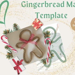 Peut inclure: Un modèle numérique de bonhomme en pain d'épices. L'image présente un bonhomme en pain d'épices en corde avec un nœud rouge, des cannes en sucre et des boîtes cadeaux. Le texte "Gingerbread Man Template" est affiché en haut.