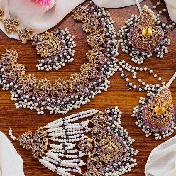 Nauratan Bridal set / Pakistani jewelry / Indian bridal jewelry /Indian bride / Indian bride USA / gold plated jewlery