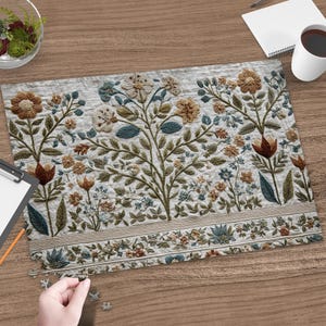 Embroidered Botanical Puzzle: Intricate Floral Pattern, Earthy Traditional Textile Art Design.