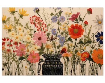 Floral Bouquet Jigsaw Puzzle, Wildflowers in Mason Jars, Botanical Art Game