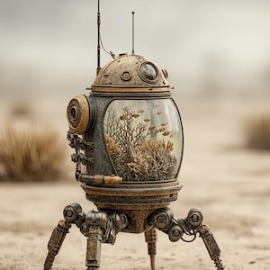 May include: A steampunk-style robot with a glass aquarium body. The aquarium contains coral and small fish. The robot has a bronze and brass finish, with multiple antennas and articulated legs, set against a desert backdrop.