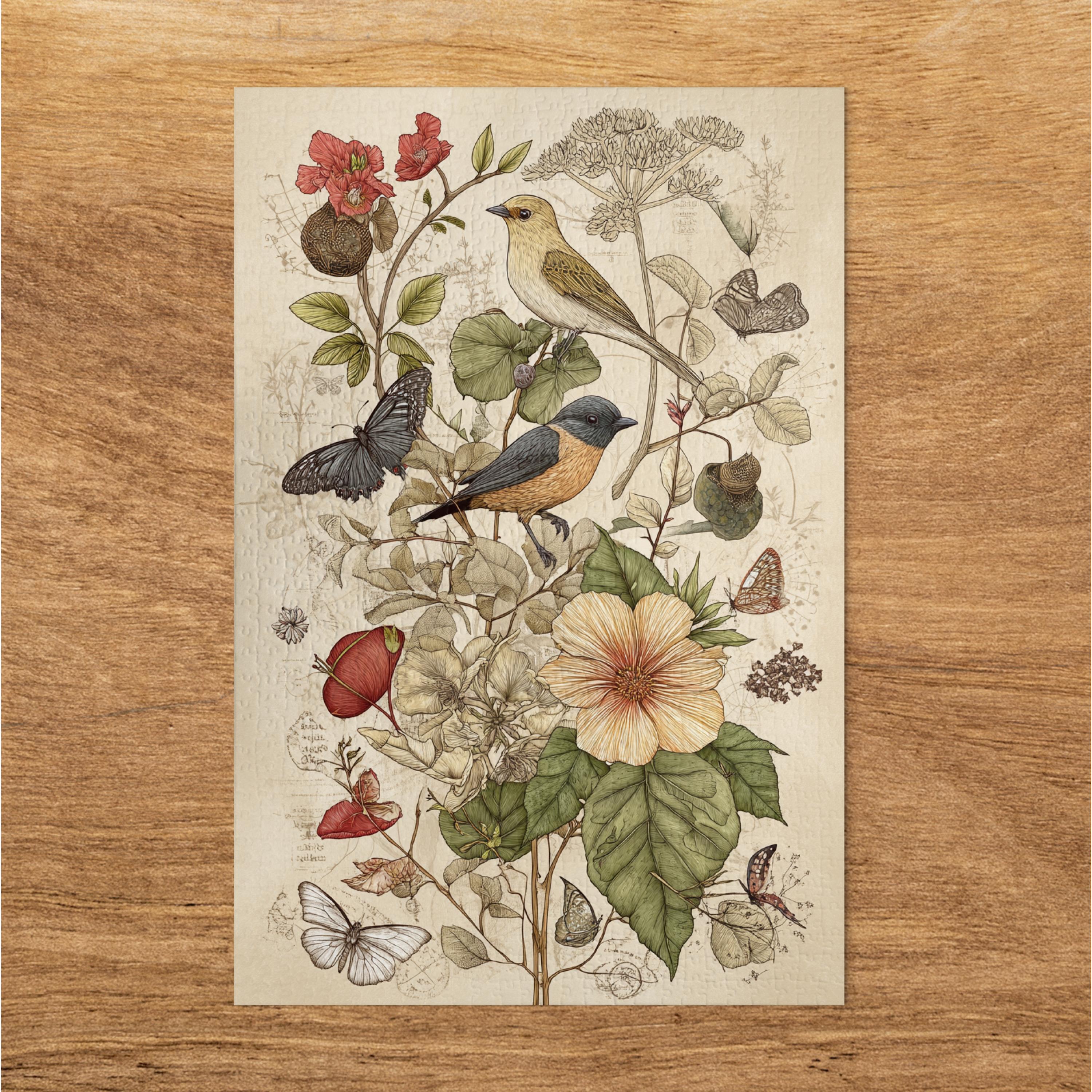 Botanical Bird Puzzle, Flower Butterfly Jigsaw, Nature Illustration Puzzle, Floral Ornithology Gift, Vintage Style Puzzle