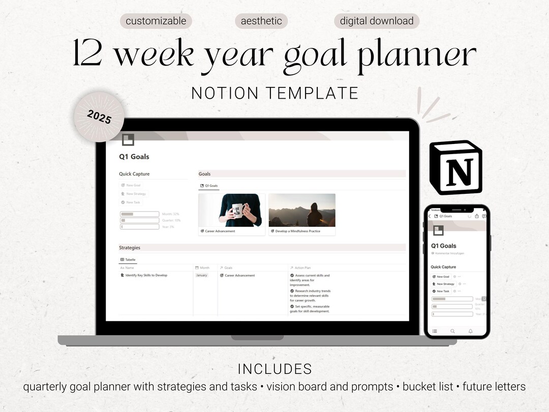 12 Week Year Notion Planner - Quarterly Notion Goals Planner - Vision ...