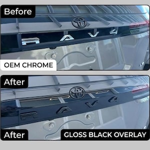 May include: A comparison of a vehicle boot emblem showing an OEM chrome RAV4 badge before and after applying a gloss black overlay. The image includes text labels Before, OEM CHROME, After, GLOSS BLACK OVERLAY, DIY INSTALLATION, Peeled Back, and PRECISION FIT.