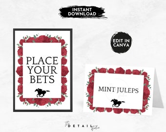 Utskrivbara redigerbara skyltar och matetiketter för Kentucky Derby Party