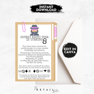 arquivo de convite editável, convite para festa de aniversário com tema espião, 5x7