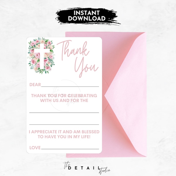 fill in the blank thank you note, pink floral cross religious, communion, baptism, confirmation