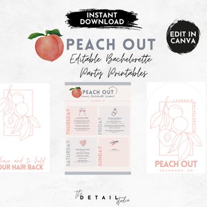 editable peach out savannah bachelorette party printables - itinerary, gift tags