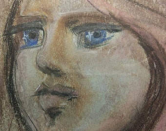 Starry-Eyed, Pink-Haired Girl: sketchy anime manga style pastel drawing on neutral paper priced to sell cheap bargain