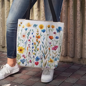 Artsy Watercolor Pressed Flower Tote Bag,Pressed Flowers Tote,Flower Tote Bag,Botanical Tote Bag,Nature Tote Bag,Wildflower Tote Bag