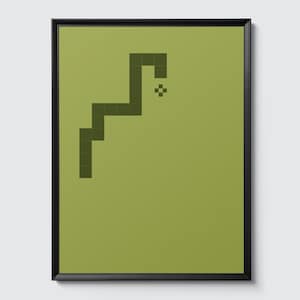 May include: A framed print featuring a pixelated snake design in shades of green and black against a solid green background. The artwork is presented in a black frame and includes the text "curated by PIXEL LAKE".