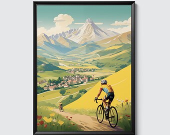 Fietsen Wall Art Print Poster - Levendige illustratie, schilderij afdrukken, Tour de France, fiets, fietstocht ("Le Tour")