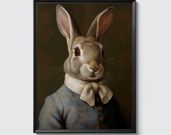 Rabbit Wall Art Poster, Illustration, Painting, Print, Zoo Wildlife Funny Quirky Unusual Easter (&quot;The Aristocratic Bunny&quot;)