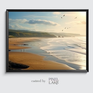 Woolacombe Beach Devon Wand Kunst Druck Poster, Strand Küsten Illustration, Malerei Druck ("Golden Serenity at Woolacombe Beach")
