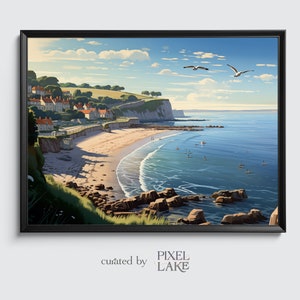 Runswick Bay Yorkshire Wand Kunst Druck Poster, Strand Küsten Illustration, Malerei Druck ("Serenity Shores")