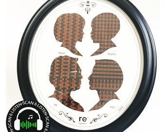 Customised Family portrait weaved of original cassette tapes in black oval frame | family gift | Family tree | Home decor