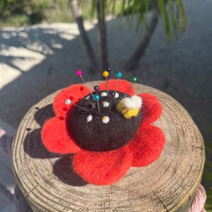 Whimsical, needle felted, flower and bee pincushion