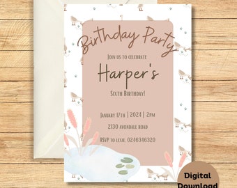 Outdoor theme invitation kids birthday party for girls party invitation bird theme